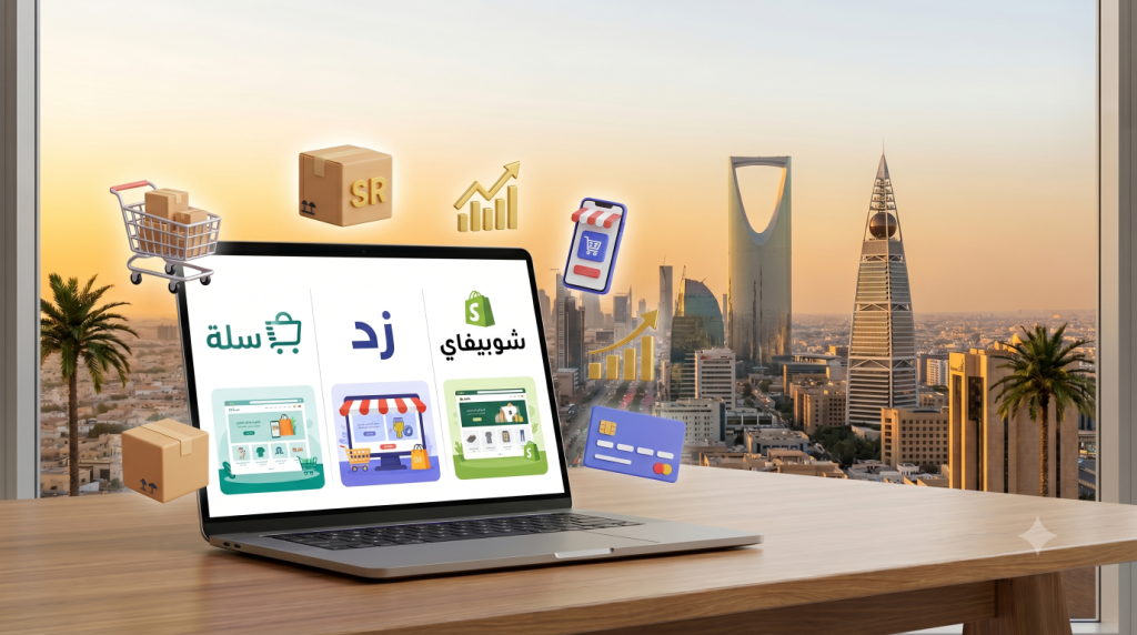 صورة بارزة فوتوغرافية احترافية لمقال بعنوان 'أفضل منصات التجارة الإلكترونية في السعودية'، تدمج بين معالم مدينة الرياض الحديثة وقت الغروب، مثل برج المملكة وبرج الفيصلية، وشاشة كمبيوتر محمول مفتوح على طاولة أنيقة. تعرض شاشة الكمبيوتر واجهات متاجر إلكترونية تجريبية مع شعارات بارزة باللغة العربية لمنصات 'سلة' و'زد' و'شوبيفاي'، بالإضافة إلى أيقونات عائمة ترمز لعربة تسوق، وصندوق شحن بلمسة سعودية (SR)، ورسم بياني للنمو. الألوان دافئة وتوحي بالاحترافية والنجاح الرقمي في المملكة
